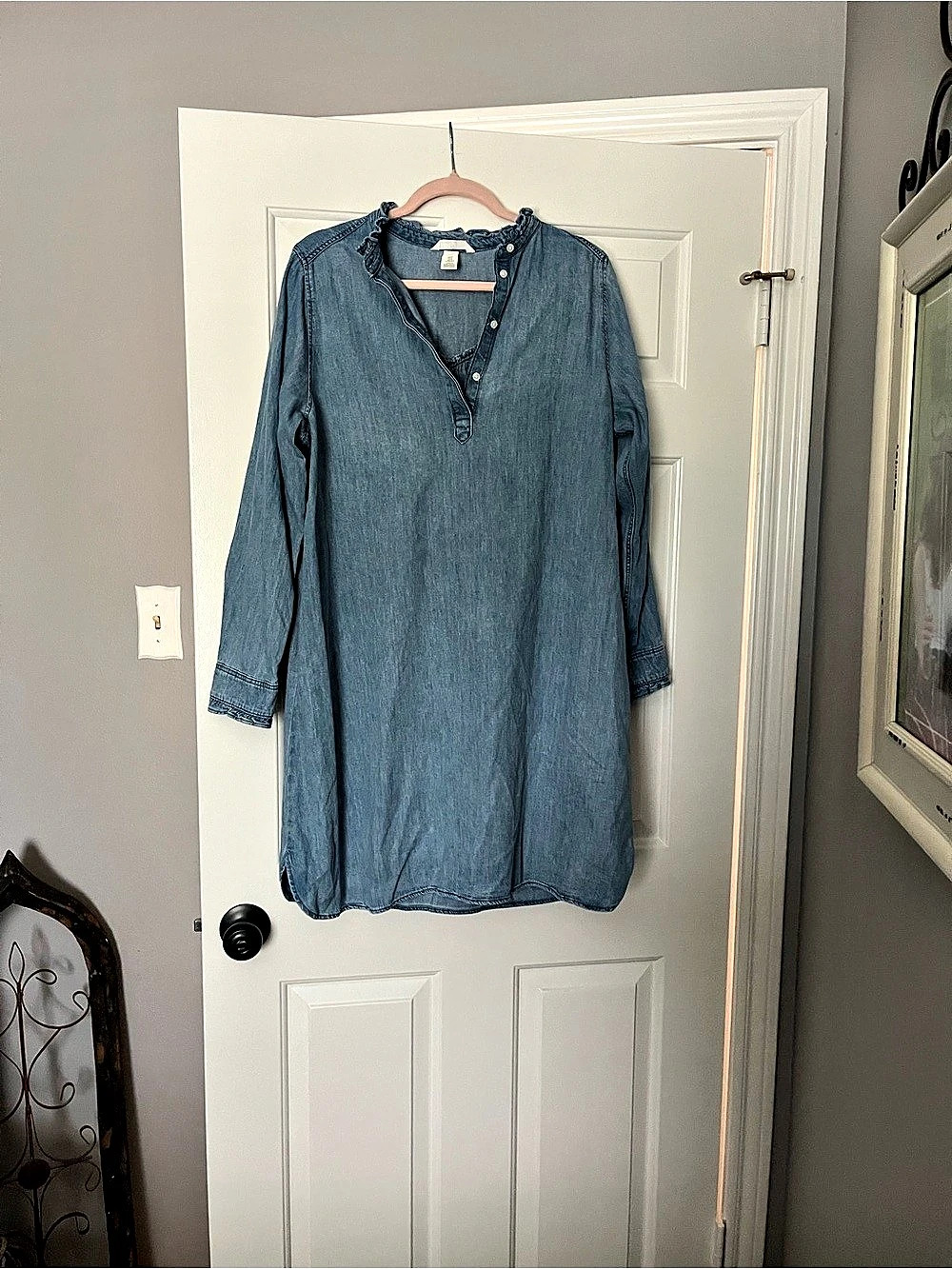 H&M Frill-trimmed denim dress Blue Long Sleeve Mini